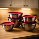 Kit c/5 Tigela Bowl Inox Com Tampa Vermelha Ou Preta - Cozinha