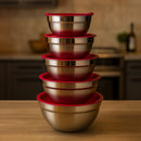 Kit c/5 Tigela Bowl Inox Com Tampa Vermelha Ou Preta - Cozinha