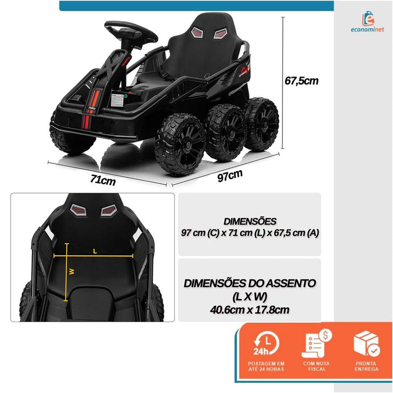 Kart Elétrico Infantil 24V até 50Kg Bateria Recarregável Controle Remoto 4 Motores Luz e Som MP3