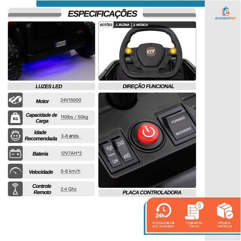 Kart Elétrico Infantil 24V até 50Kg Bateria Recarregável Controle Remoto 4 Motores Luz e Som MP3