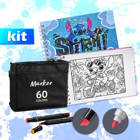 Kit para Colorir CADERNO + CANETAS Premium Caderno com 50 Folhas com Desenhos para Ilustrar +60Cores