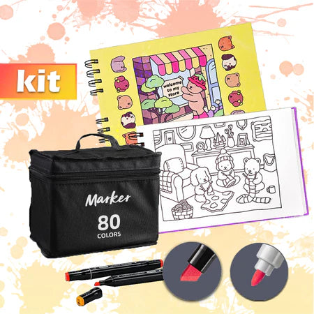 Kit para Colorir CADERNO + CANETAS Premium Caderno com 50 Folhas com Desenhos para Ilustrar +60Cores