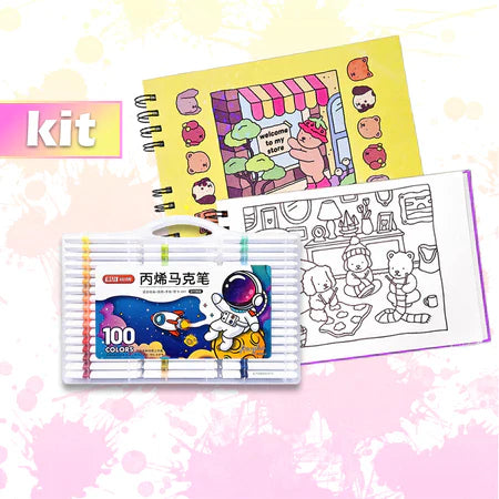 Kit para Colorir CADERNO + CANETAS Premium Caderno com 50 Folhas com Desenhos para Ilustrar +60Cores