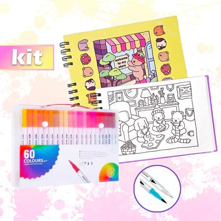 Kit para Colorir CADERNO + CANETAS Premium Caderno com 50 Folhas com Desenhos para Ilustrar +60Cores