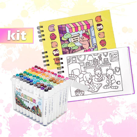 Kit para Colorir CADERNO + CANETAS Premium Caderno com 50 Folhas com Desenhos para Ilustrar +60Cores