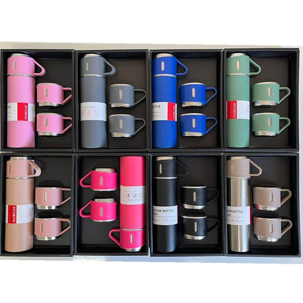 Kit Garrafa Térmica Inox 500ml Com 3 Xícaras Camping Viagem Café – Cores Sortidas