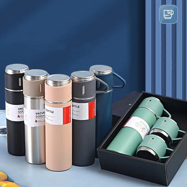 Kit Garrafa Térmica Inox 500ml Com 3 Xícaras Camping Viagem Café – Cores Sortidas