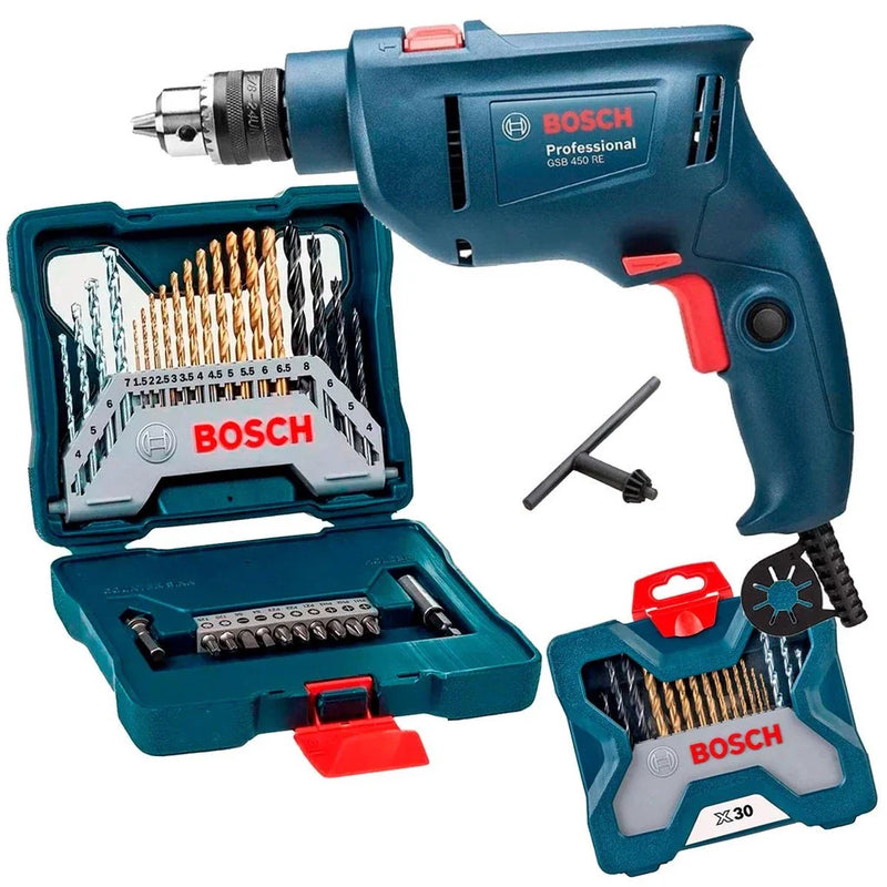 Furadeira Industrial Impacto 3/8 Reversão 450W GSB 450RE + Estojo 30 Peças X-Line BOSCH